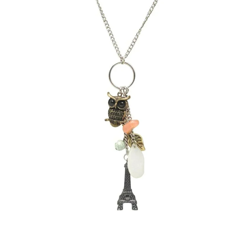 Owl Leaf Eiffel Tower Bead Pendant Chain Necklace Silver Tone Vintage